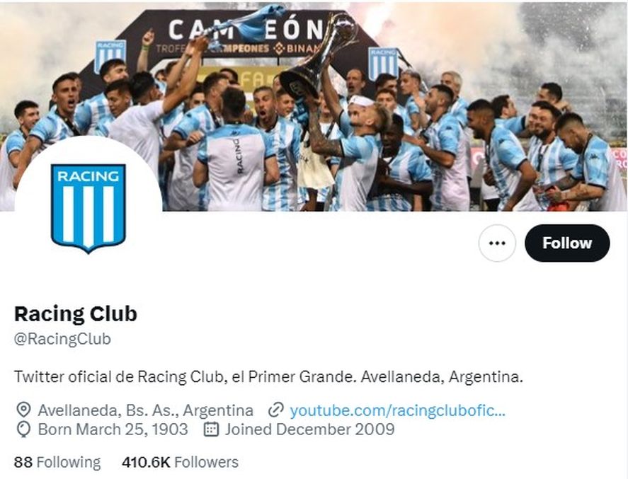 La cuenta oficial de Twitter de @RacingClub sin el tilde azul de verificación.