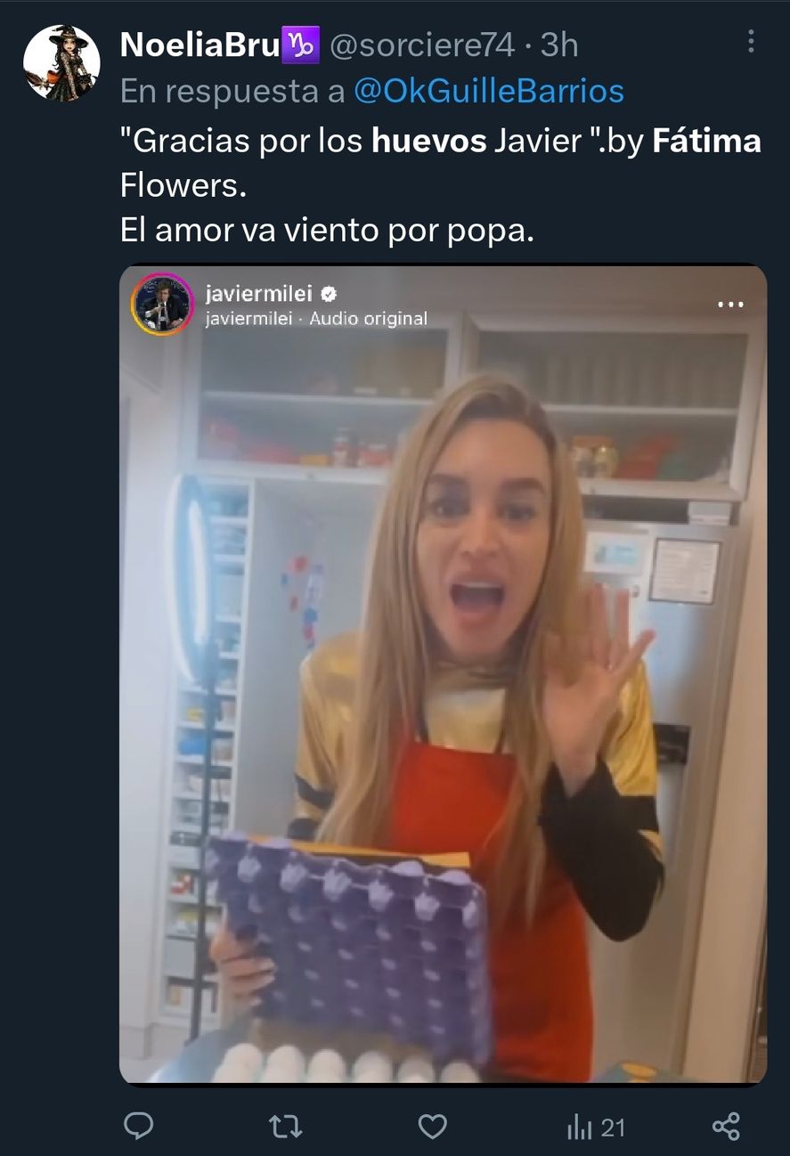 Reacciones en redes sociales a la publicación de Fátima Flórez en su canje de maple de huevos, y también al posteo que en consecuencia hizo Javier Milei 
