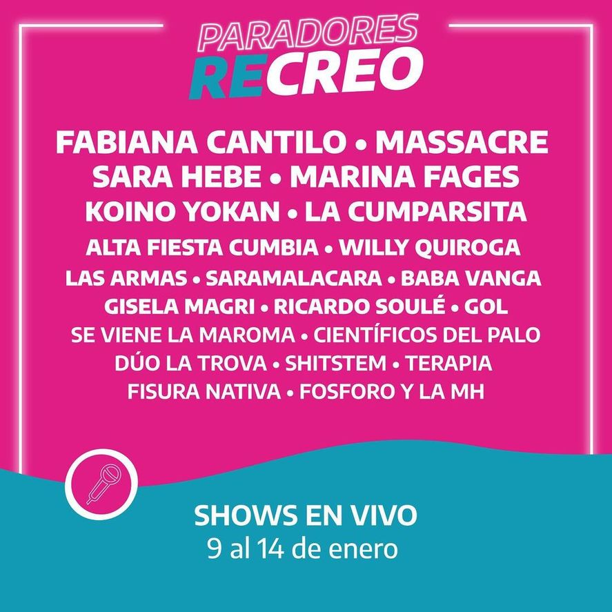 Esta semana, grandes artistas tocarán gratis en los paradores ReCreo que se ubican en Mar del Plata, Mar de Ajó, Villa Gesell, Monte Hermoso y Chascomús.