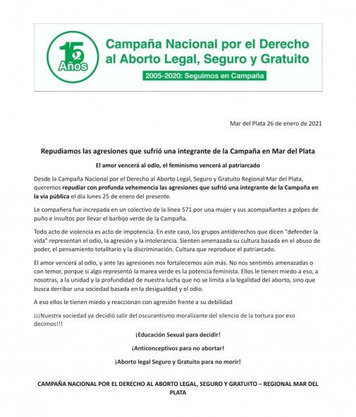 La Campaña Nacional por el Aborto repudió la agresión a través de un comunicado