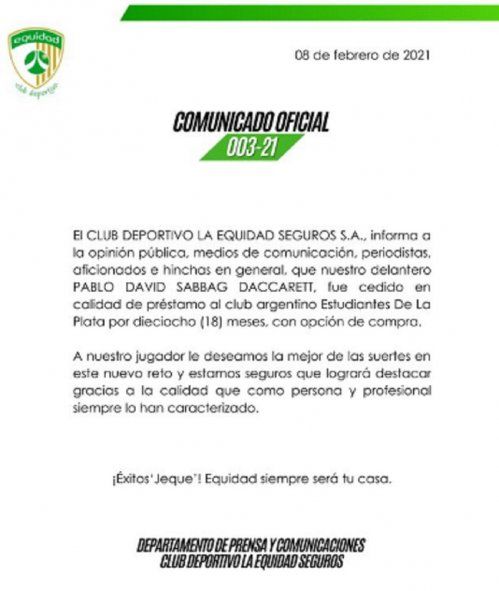 La Equidad oficializó la salida de Pablo Sabbag a Estudiantes