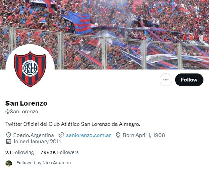 La cuenta oficial de Twitter @SanLorenzo sin el tilde azul de verificación.