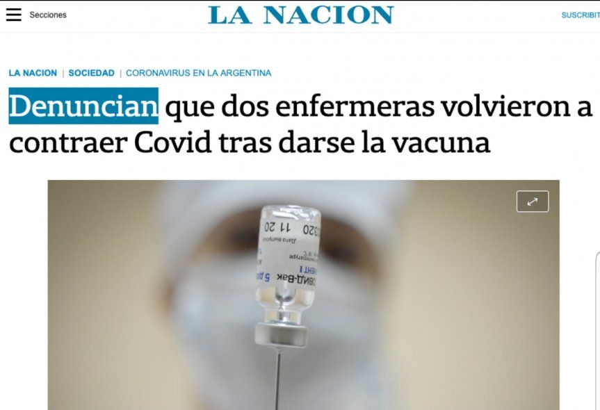 Infodemia en los títulos de los diarios. En este caso La Nación y la falsa redacción del encabezado