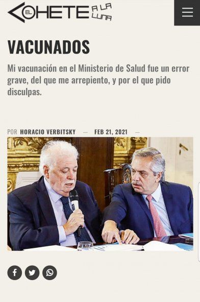 El titular y la foto que eligió Verbitsky para su pedido de disculpas por la vacunación irregular que realizó dejó lugar a la suspicacia
