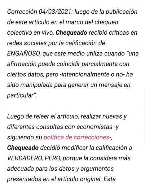 Originalmente la calificación de "chequeado" había sido de "engañosa", pero luego del escándalo en redes cambiaron esta palabra por "verdadero, pero". Fue en relación a las aseveraciones de Alberto Fernández sobre los números de inflación de 2020 