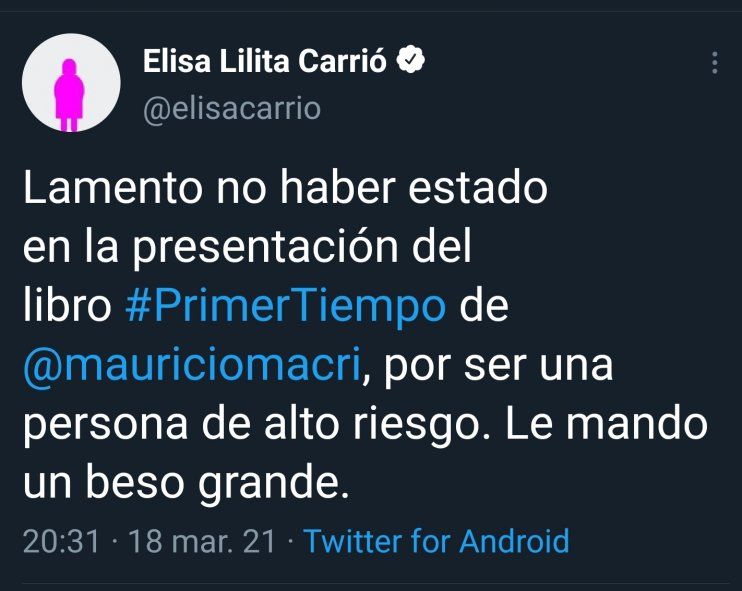El Tweet original de Elisa Carrió en donde no se termina de interpretar si al decir 