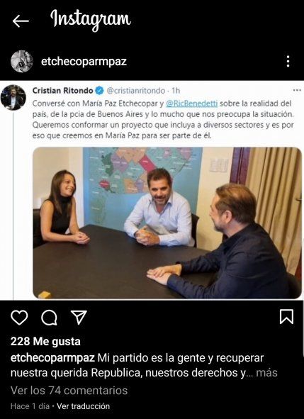 El Instagram personal de la hija de Baby Etchecopar replica la cuenta de Twitter de Cristian Ritondo, con quién se reunió para su posible futura candidatura a legisladora
