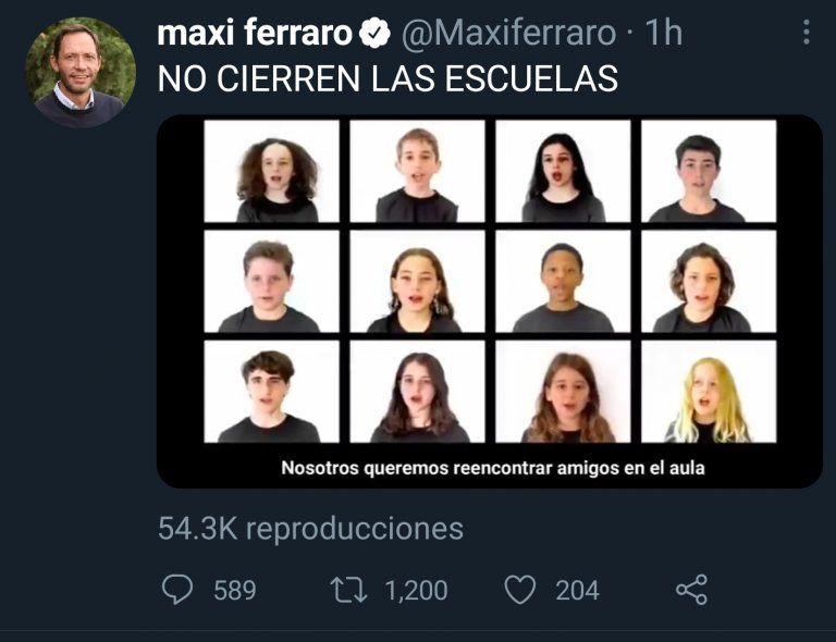 El Tweet de Ferraro que pide que no se cierren las escuelas a la presencialidad, y utiliza el tema "Otro ladrillo en la pared", de Pink Floyd para graficarlo