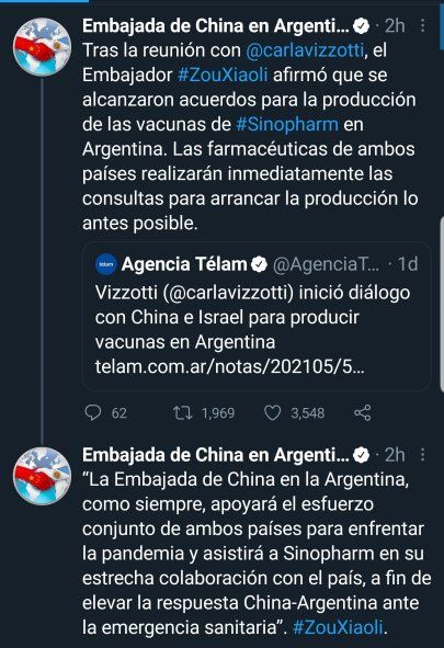 El Embajador de China, Zou Xiaoli comunicó desde la cuenta oficial de Twitter de la embajada, la facilitacion de los términos para la fabricación de la vacuna Sinopharm en Argentina