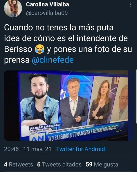La periodista Carolina Villalba resaltó el error de América al colocar la foto del Jefe de Prensa de Fabián Cagliardi, en lugar de la del Intendente de Berisso
