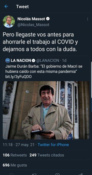 El tweet original con la réplica lapidaria del dirigente bahiense de Juntos por el Cambio, Nicolas Massot, a Jaime Durán Barba, por su frase sobre el hipotético manejo de la pandemia en un gobierno de Mauricio Macri