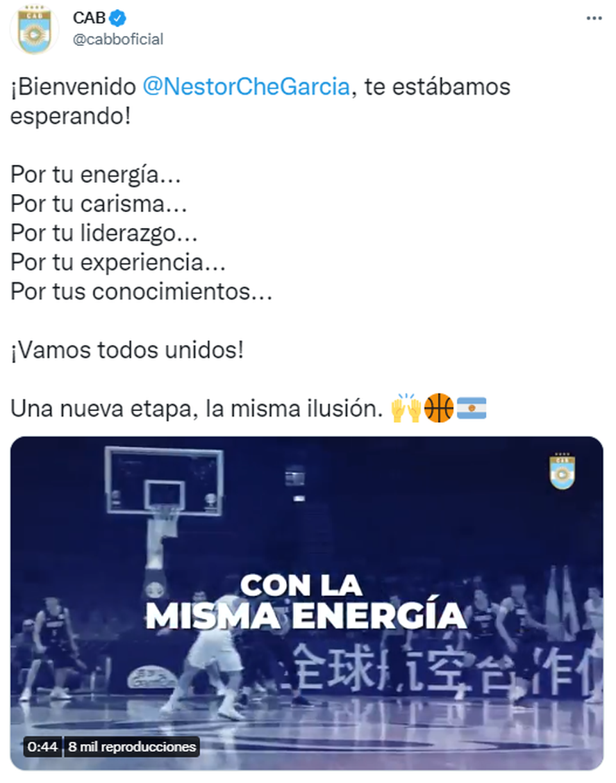 La bienvenida al nuevo entrenador en las redes de la Confederación Argentina de Básquet.