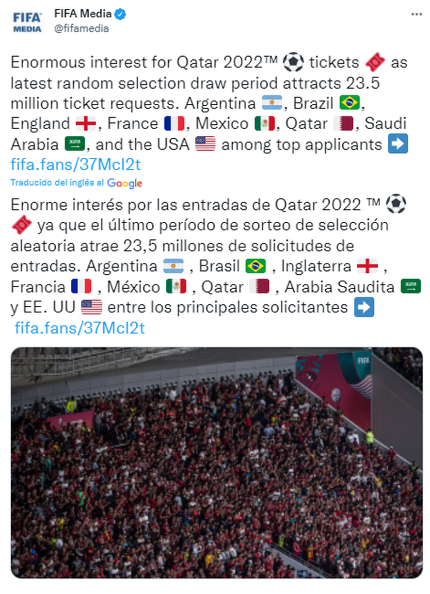 Argentina en el top de demandas de entradas para Qatar 2022.