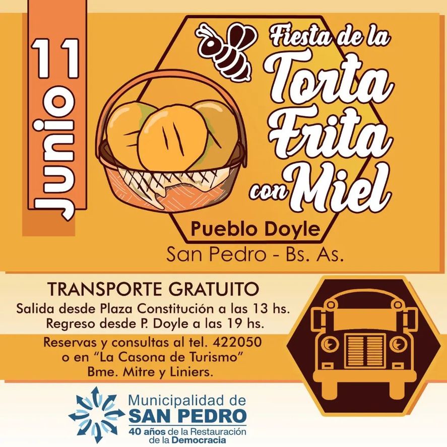 Por primera vez, San pedro realizará la Fiesta de la Torta Frita con Miel. Será en la localidad de Doyle con actividades para toda la familia.