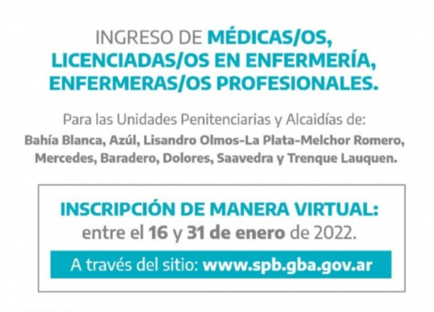 Hasta el 31 de enero, personal de salud podrá inscribirse para trabajar en el Servicio Penitenciario Bonaerense.