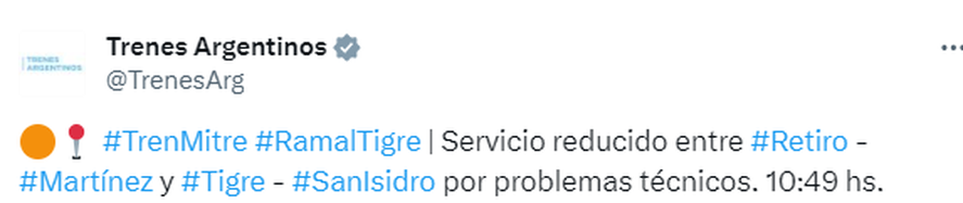 Trenes Argentinos informó a sus usuarios que un ramal del Tren Mitre funciona con servicio reducido. Trenes Argentinos informó a sus usuarios que un ramal del Tren Mitre funciona con servicio reducido.