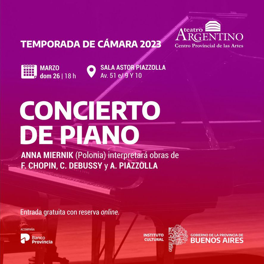 Anna Miernik brindará un concierto de piano en el Teatro Argentino de La Plata. 
