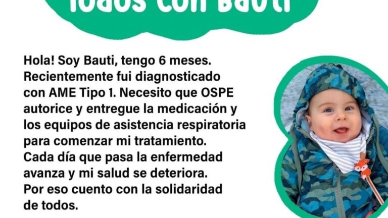 #TodosConBauti: Juan Bautista Aguirre tiene AME 1 y necesita que OSPE autorice y entregue la medicación Spinraza