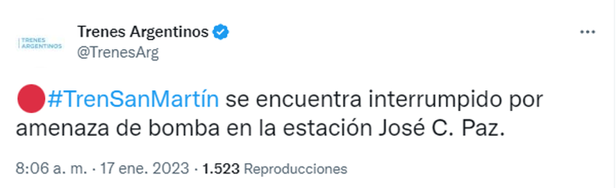 En la mañana de este martes, el servicio del tren San Martín se encuentra suspendido por una amenaza de bomba. Efectivos policiales trabajan en el lugar.