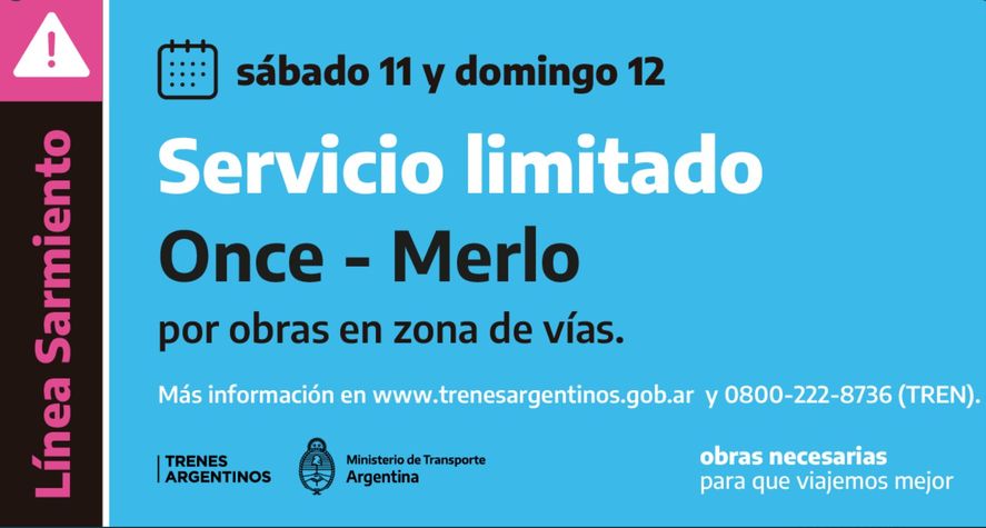 El sábado 11/06 y el domingo 12/06 el servicio de trenes se verá afectado en las estaciones Once y Merlo por obras