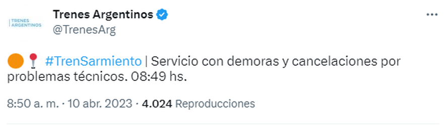 El Tren Sarmiento se encuentra con demoras y cancelaciones debido a problemas técnicos, según informó Trenes Argentinos.