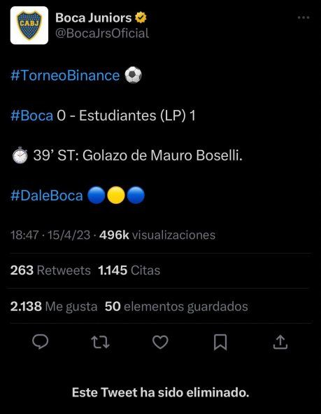 El tuit eliminado por Boca con el golazo de Mauro Boselli