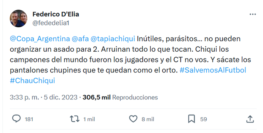 El picante tweet de Federico D'Elía, hincha de Estudiantes, contra AFA y Chiqui Tapia.