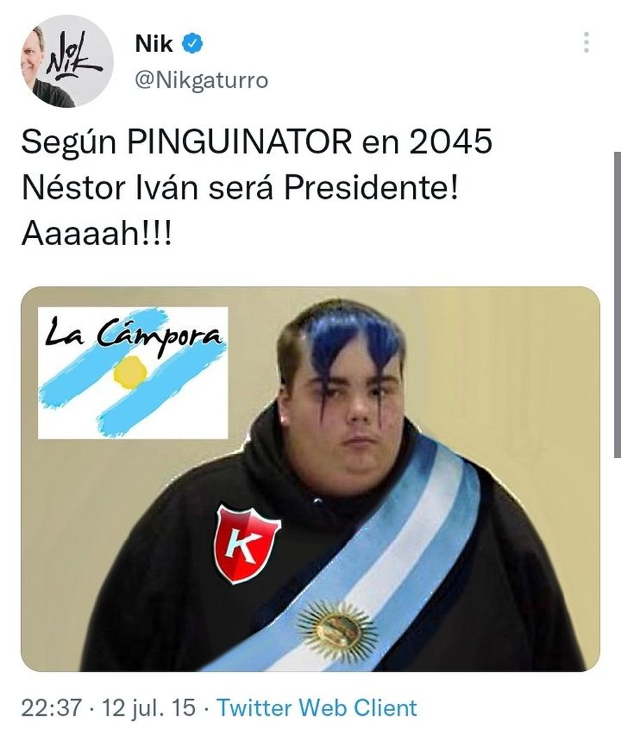 Tweets de Nik burlándose de Nestor Iván Kirchner cuando era un bebé recién nacido