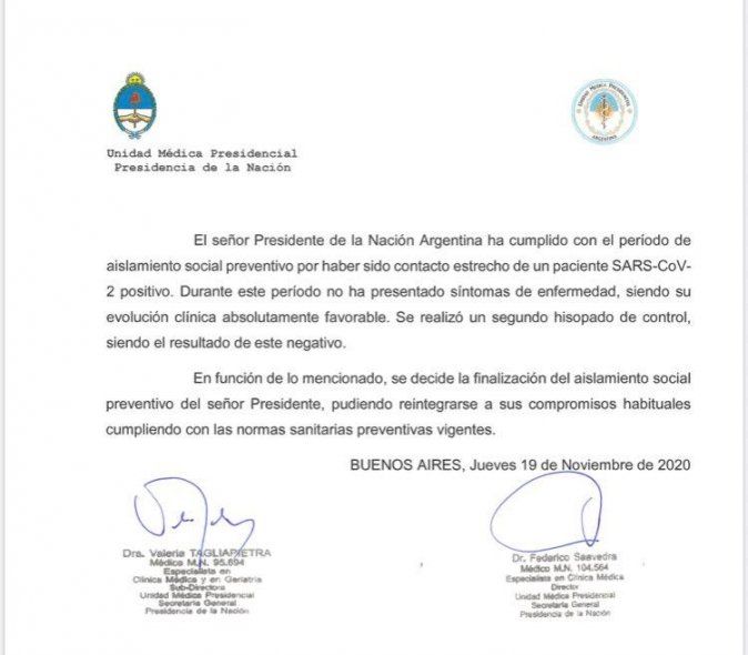 El parte médico de Alberto Fernández