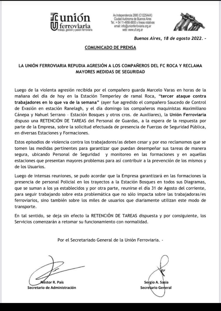 El comunicado gremial que da cuenta del fin de la retención de tareas en el Tren Roca.