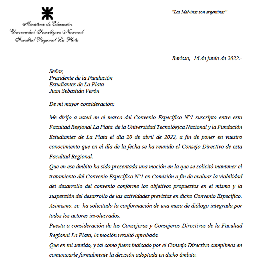 La carta mediante la cual la UTN le comunicó su decisión a Estudiantes.