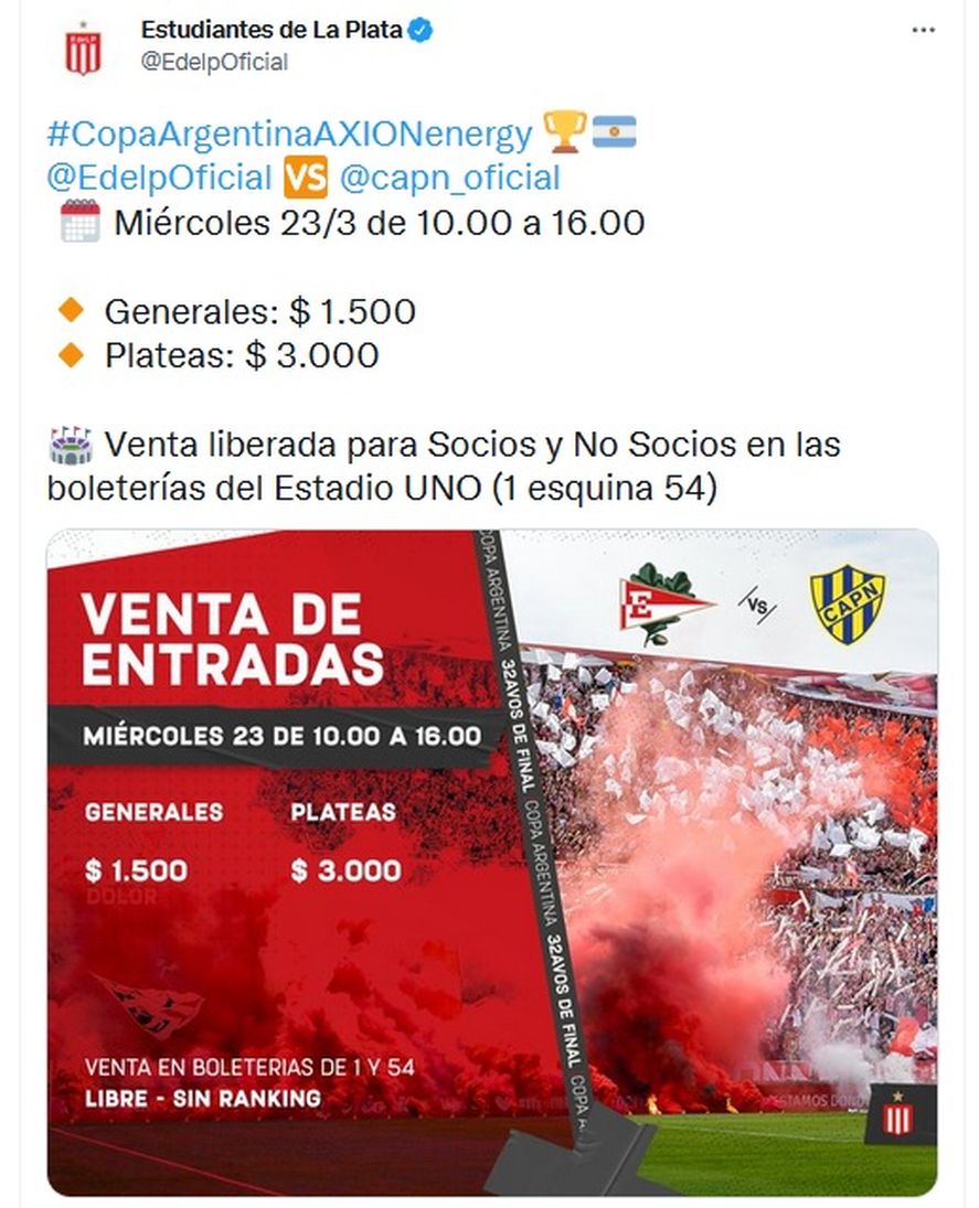 La publicación de Estudiantes informando sobre la venta para la Copa Argentina.