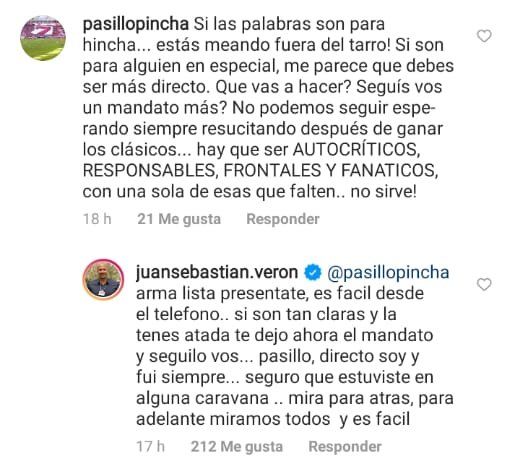 Juan Sebastián Verón y un ida y vuelta con un hinchas en Instagram