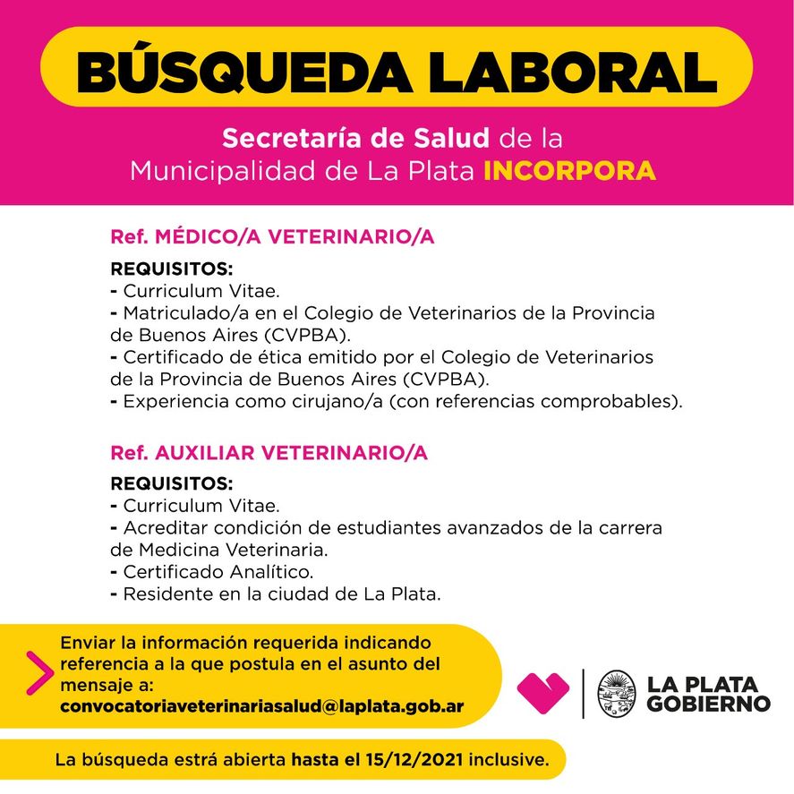 Los veterinarios y auxiliares que quieran postularse pueden hacerlo vía web