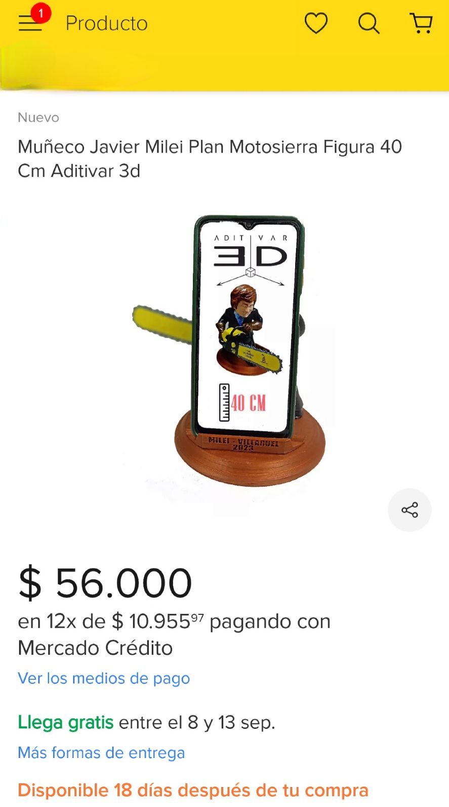 Vista de la publicación de Mercado Libre en la que se ofrece al muñeco de Javier Milei por 56 mil pesos 