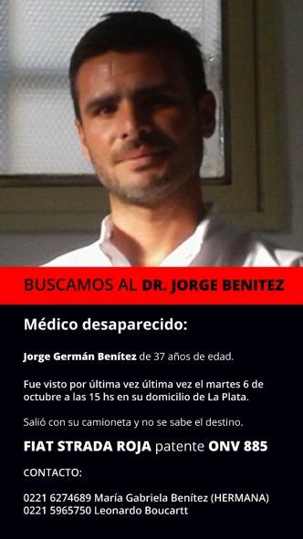 Médico desaparecido en La Plata: buscan a Jorge Benítez