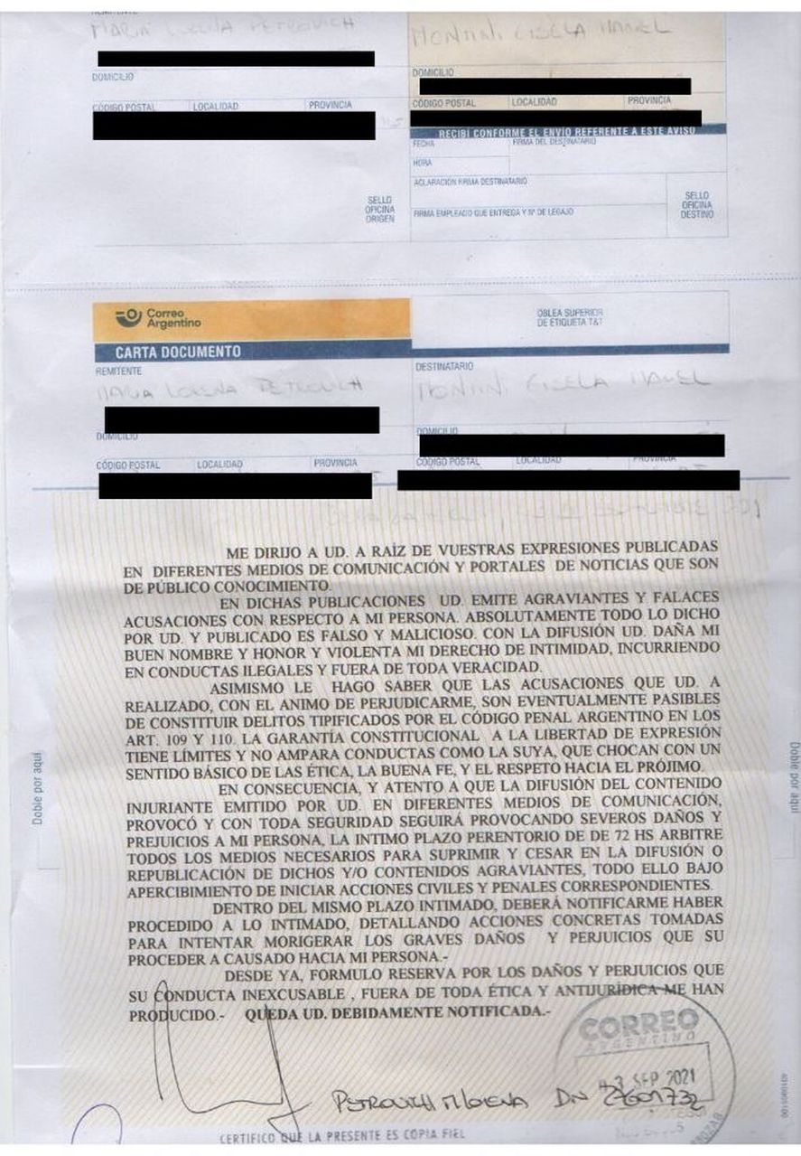 La carta documento que le mandó Petrovich a su exempleada tras las acusaciones