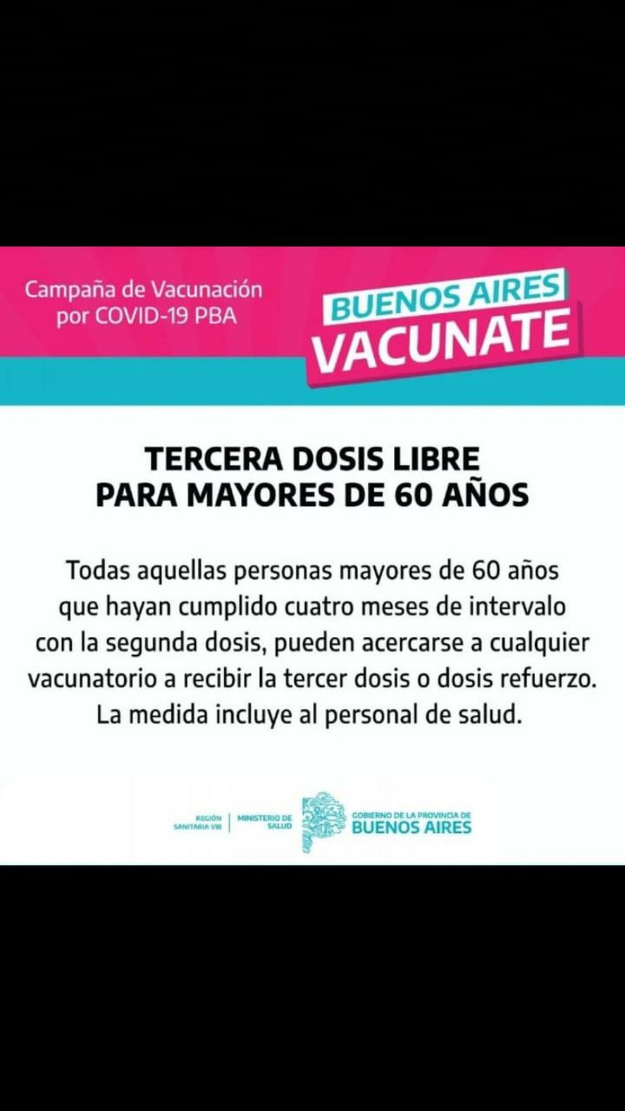 Consultado por INFOCIELO, fuentes del Ministerio de Salud de la provincia de Buenos Aires desmintieron la noticia de la vacunación libre para ese grupo etario. Esta es la imagen que se difundió.