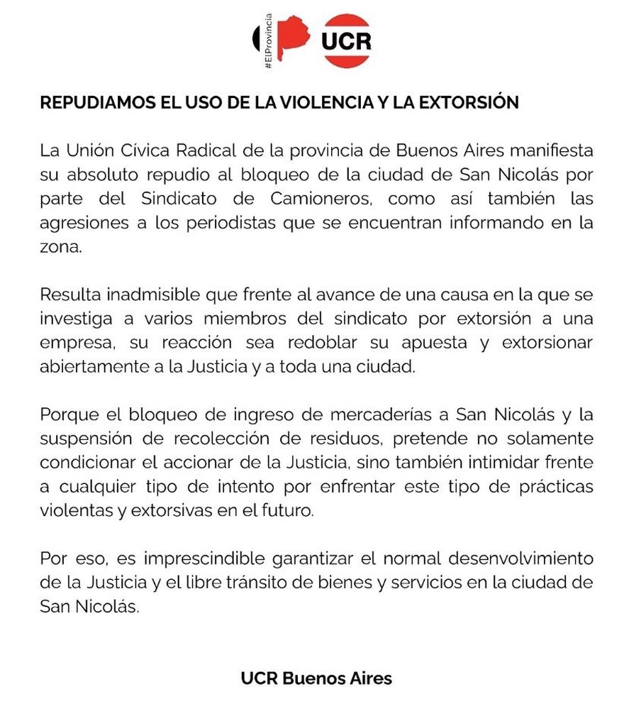 El comunicado de la UCR, uno de los partidos de la oposición