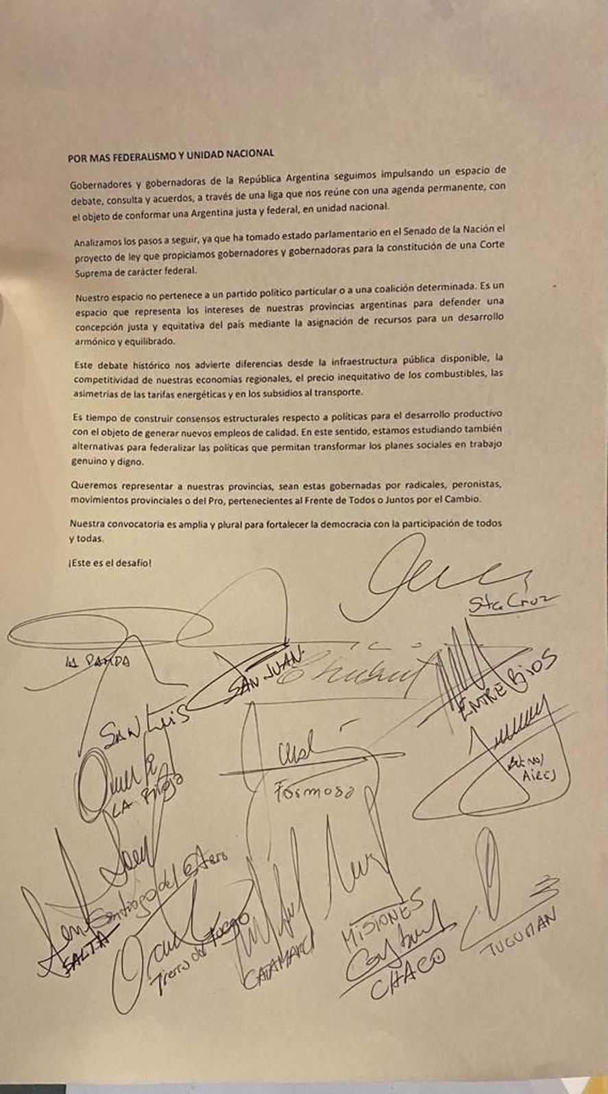 La carta que firmaron 16 gobernadores