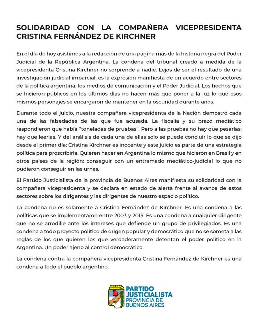 Causa Vialidad: El comunicado del PJ Bonaerense tras la condena contra Cristina Kirchner