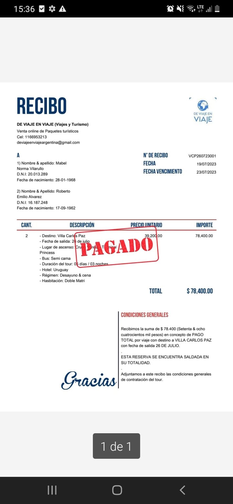 Comprobante de pago de los denunciantes.