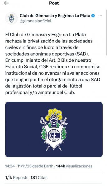 Gimnasia y su comunicado oficial tras los dichos del candidado a Presidente, Javier Milei. Gimnasia y su comunicado oficial tras los dichos del candidado a Presidente, Javier Milei.