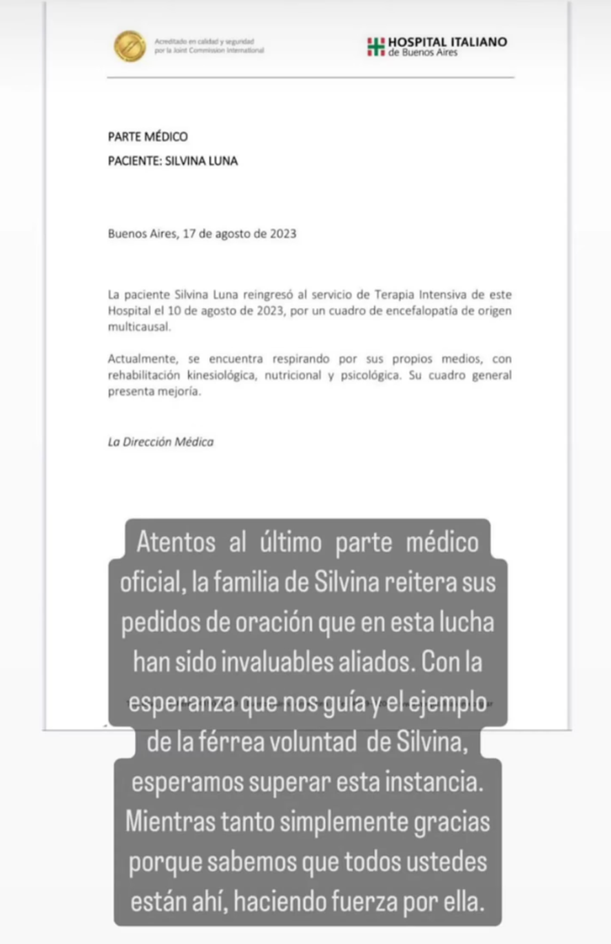 Se conoció un nuevo parte médico sobre la salud de Silvina Luna. Según los profesionales la modelo presenta una leve mejoría. Se conoció un nuevo parte médico sobre la salud de Silvina Luna. Según los profesionales la modelo presenta una leve mejoría.