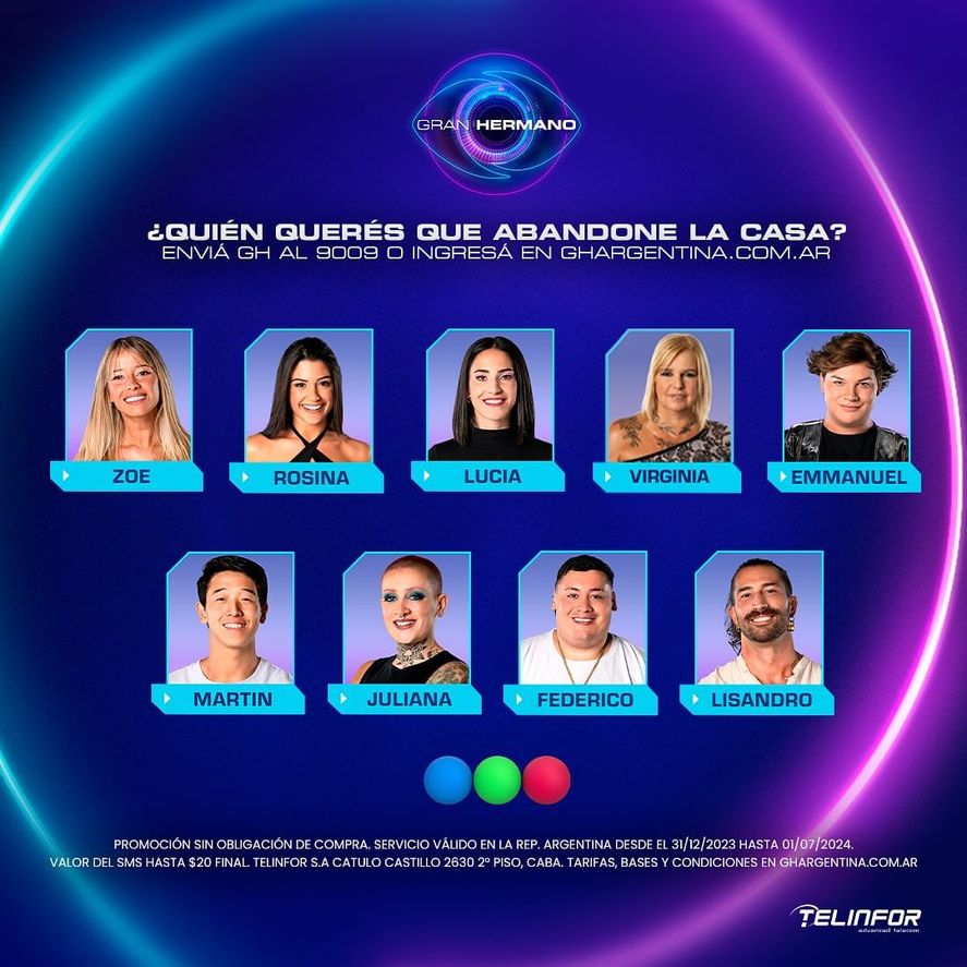 Zoe, Rosina, Lucía, Virginia, Emmanuel, Martín, Juliana, Lisandro y Federico son los nominados en Gran Hermano de esta semana. Zoe, Rosina, Lucía, Virginia, Emmanuel, Martín, Juliana, Lisandro y Federico son los nominados en Gran Hermano de esta semana.