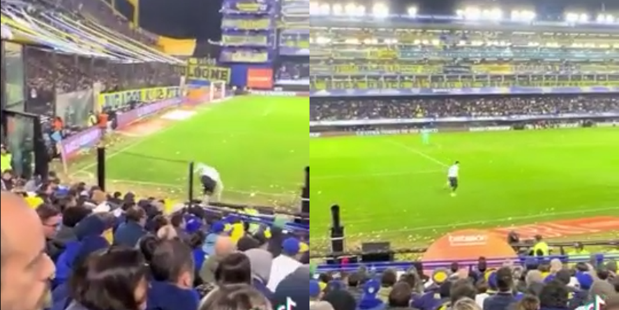 El momento enq ue el hincha se mete en la cancha para abrazar a Riquelme.