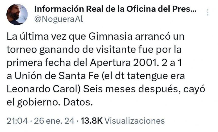 La sorpresiva racha de Gimnasia de visitante y un mensaje al gobierno de Javier Milei FOTO: @NogueraAl La sorpresiva racha de Gimnasia de visitante y un mensaje al gobierno de Javier Milei FOTO: @NogueraAl