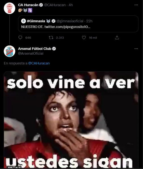 El meme de Arsenal como respuesta a Huracán y Gimnasia en Twitter