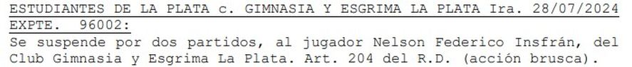 El boletín del Tribunal de Disciplina de AFA con la sanción a Nelson Insfrán. El boletín del Tribunal de Disciplina de AFA con la sanción a Nelson Insfrán.