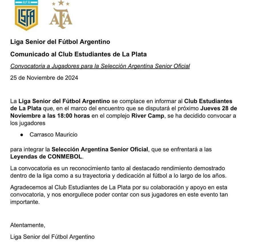 La citación que llegó a Estudiantes para Mauricio Carrasco. La citación que llegó a Estudiantes para Mauricio Carrasco.